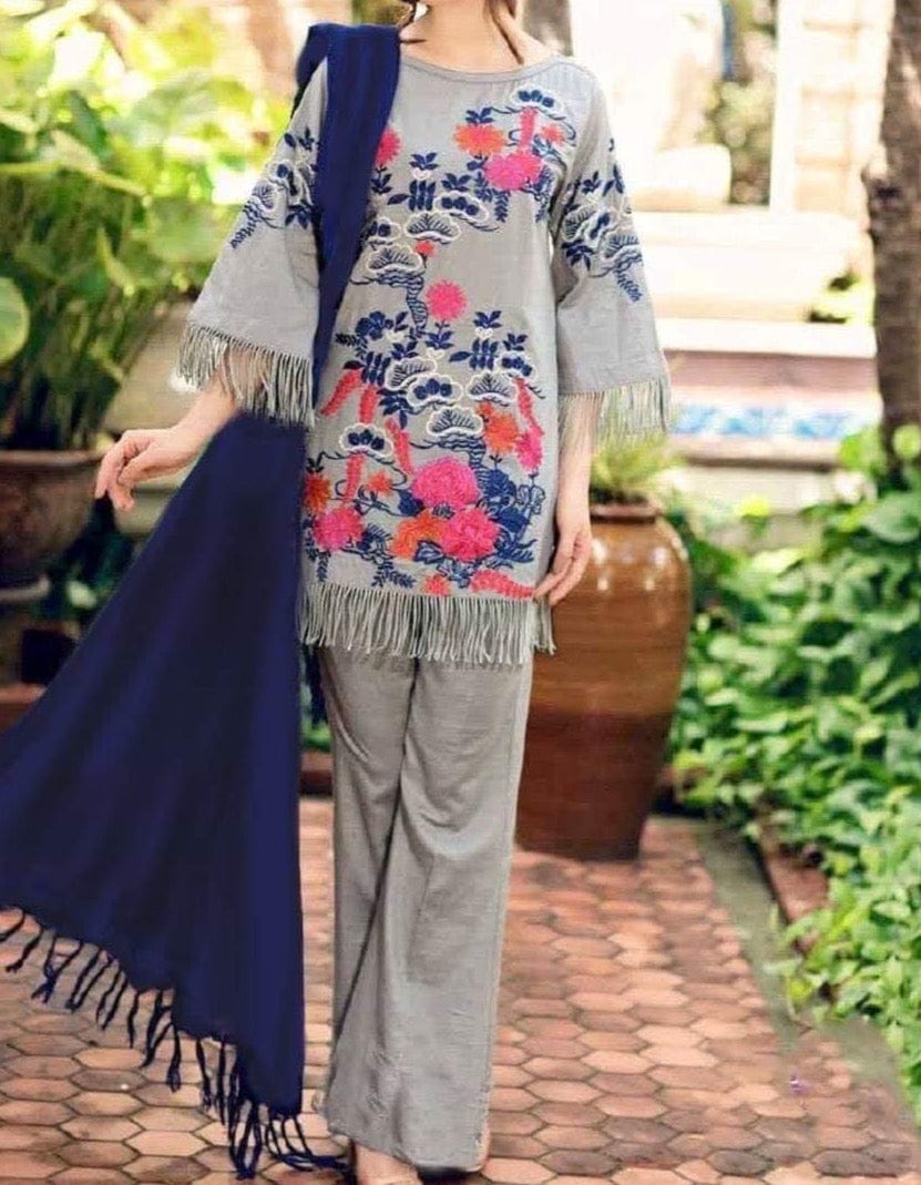 Grace W240-Embroidered 3pc pashmina khaddar dress With wool bumble shawl