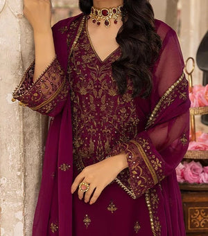 Mulberry Grape- embroidered chiffon unstitched 3Pc Suit