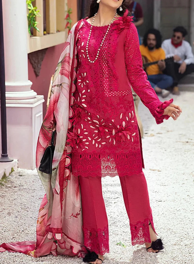 Grace S597 -Shifli Embroidered in Laser cutwork &amp; 3D flowers 3pc lawn dress with Printed Silk dupatta.