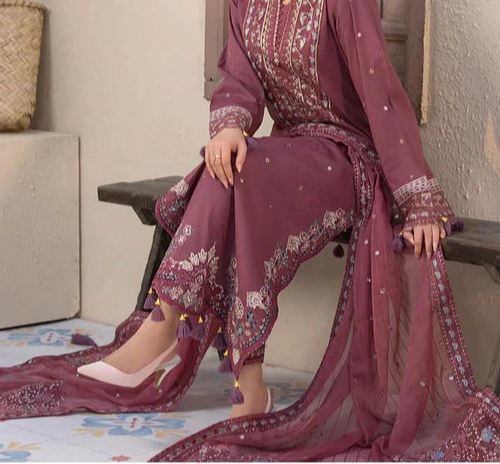 Grace Z-(W779) - Stitched Embroidered 3pc Marina Dress With Embroidered Chiffon Dupatta.