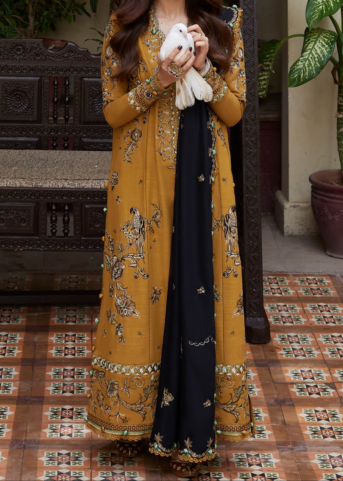 Grace W928-Embroidered 3pc Marina Dress With Printed Shawl.