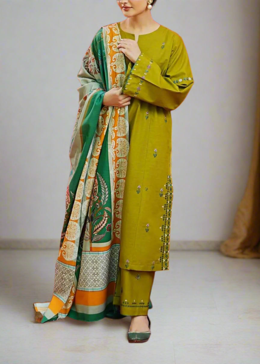 Grace S1073-Embroidered 3pc Lawn dress with Printed Munar Dupatta.