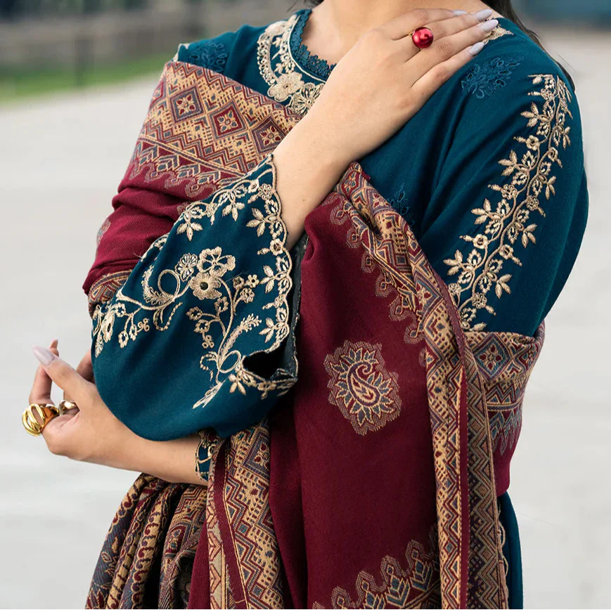 Grace W716-Embroidered CHIKANKARI 3pc Marina Dress With Printed Shawl