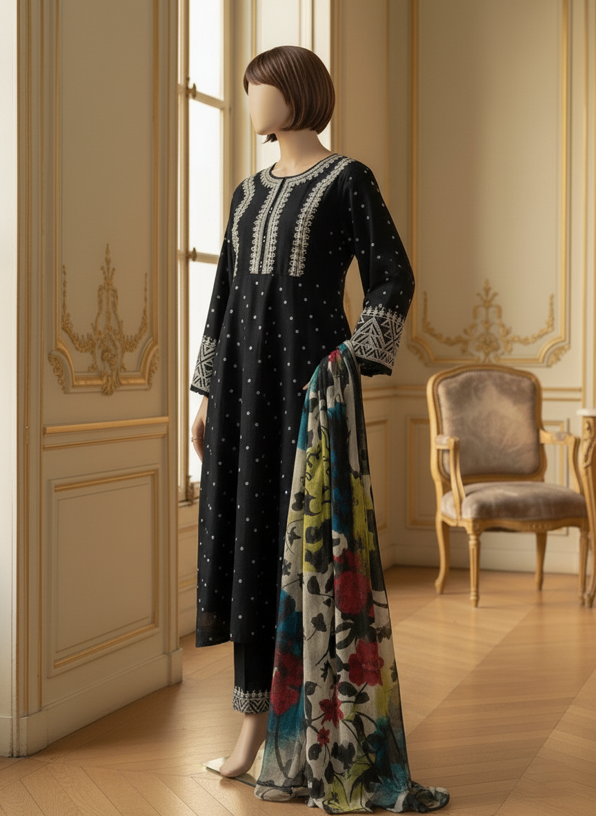 Grace W532-Embroidered 3pc marina dress with Printed shawl.
