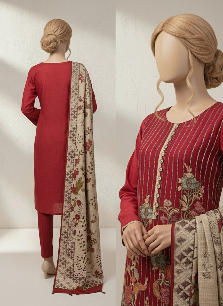 Grace W534-Embroidered 3pc khaddar dress With Printed shawl.