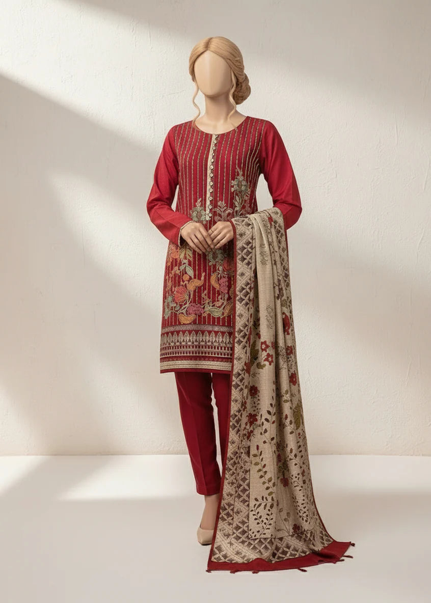 Grace Z-(W534) - Stitched Embroidered 3pc khaddar dress With Printed shawl.
