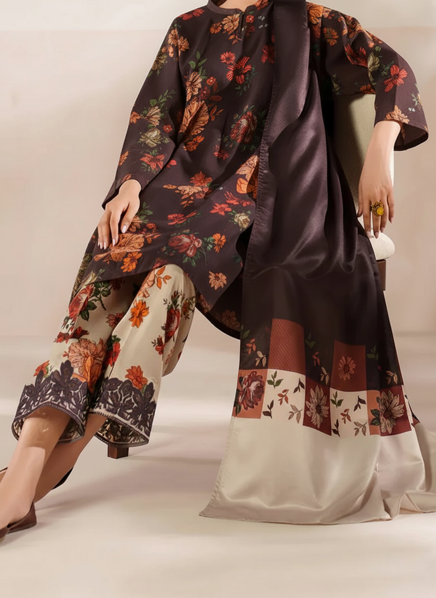 Grace W782 - Digital Printed 3pc Karandi Dress With Digital Printed Karandi Shawl.