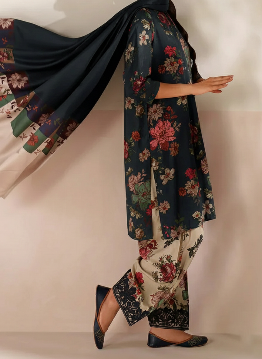 Grace W783 - Digital Printed 3pc Karandi Dress With Digital Printed Karandi Shawl.