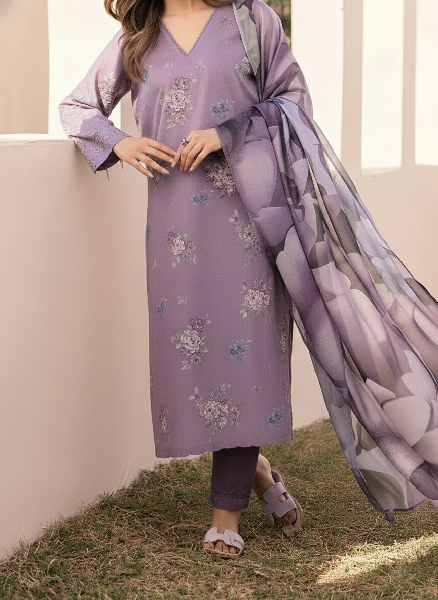 Grace W809 - Digital Printed 3pc Karandi Dress With Digital Printed Karandi Shawl.