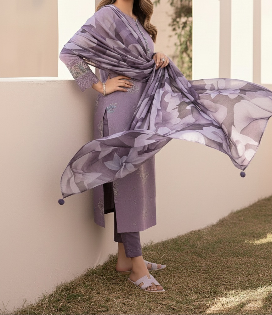 Grace W809 - Digital Printed 3pc Karandi Dress With Digital Printed Karandi Shawl.