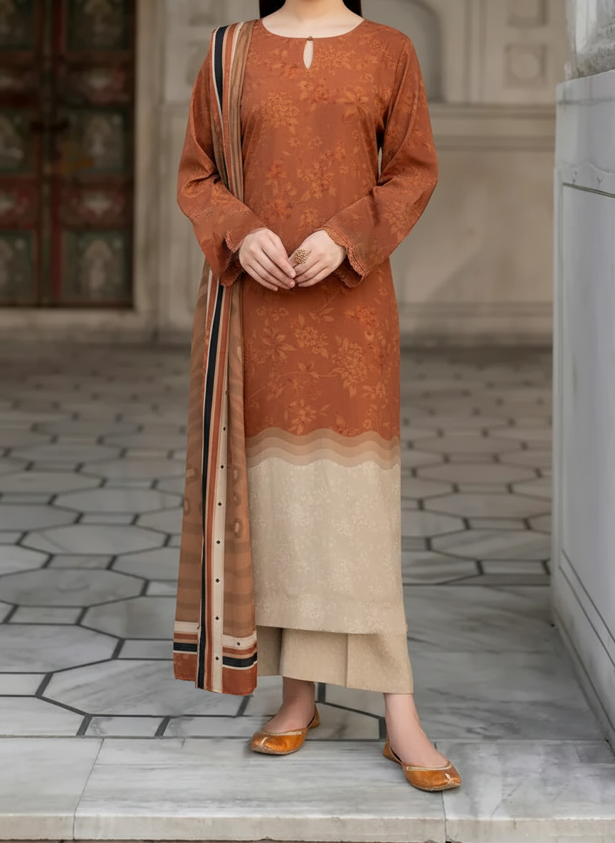 Grace W837 - Digital Printed 3pc Karandi Dress With Digital Printed Karandi Shawl.