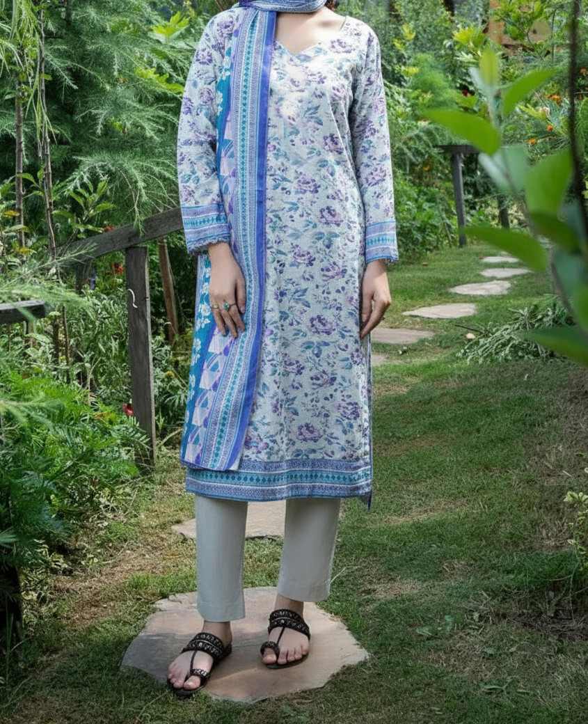 Grace W880 - Digital Printed 3pc Karandi Dress With Digital Printed Karandi Shawl.