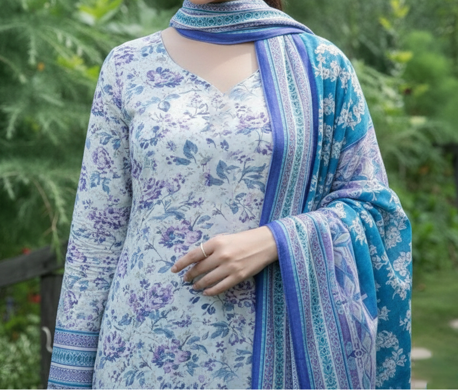 Grace W880 - Digital Printed 3pc Karandi Dress With Digital Printed Karandi Shawl.