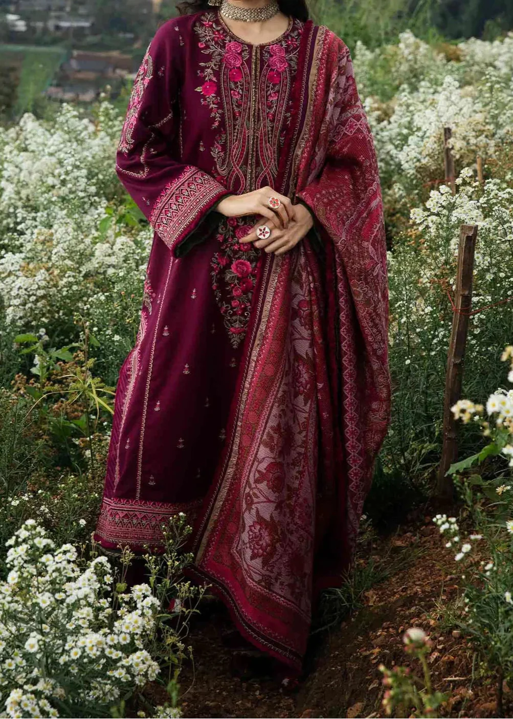 Grace Z-(W1001) - Stitched Embroidered 3pc Marina Dress With Printed Shawl.