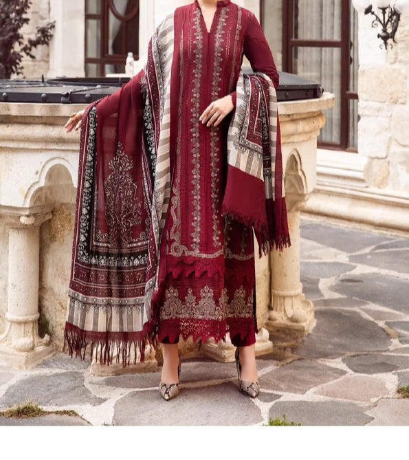 Grace W714-Embroidered 3pc Marina Dress With Printed Shawl