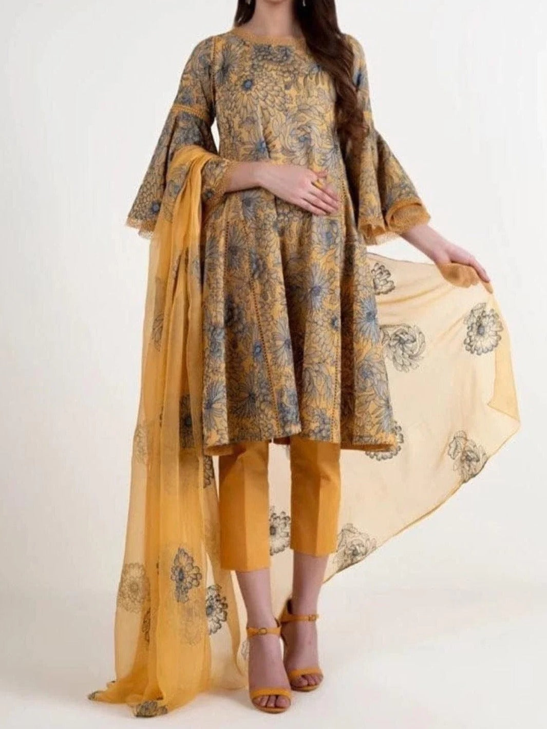 Grace W80 - Embroidered 3pc linen dress with embroidered chiffon dupatta.