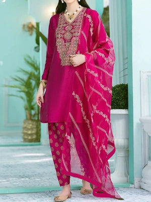 Grace S205-Embroided 3pc linen dress with embroidered chiffon dupatta.