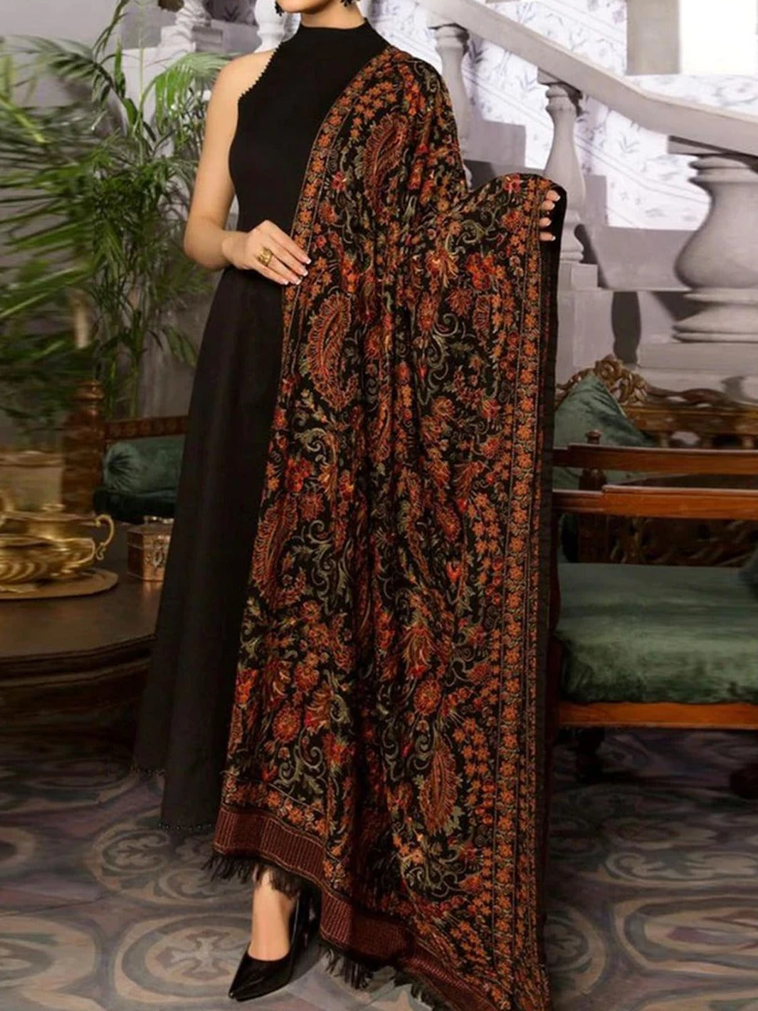 Sarinnah D13 Black - Formal heavy Embroidered Karandi Shawl