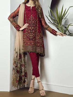 Grace W126 - Embroidered 3pc linen dress with embroidered net dupatta.
