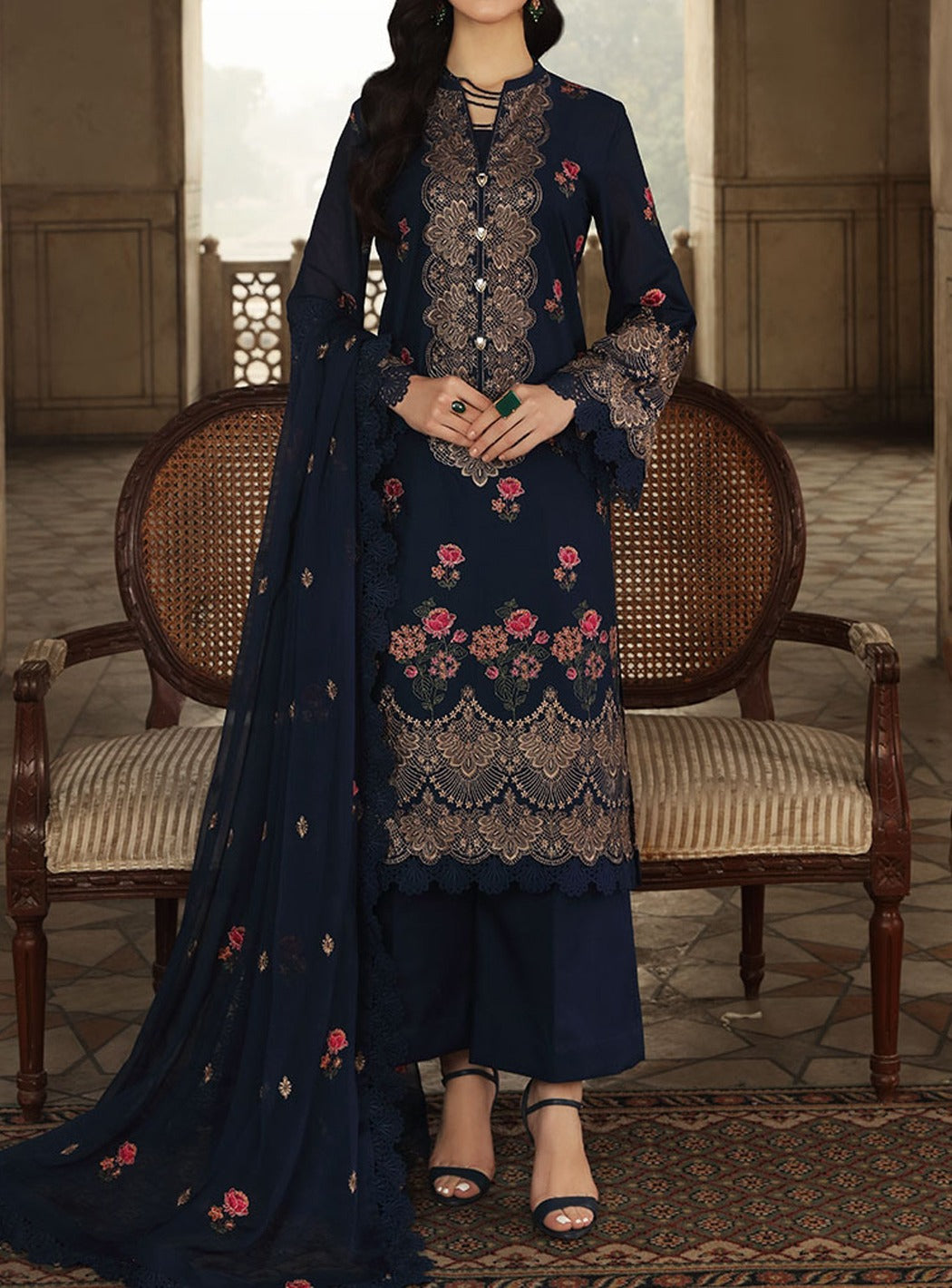 Grace W98 - Embroidered 3pc linen dress with embroidered chiffon dupatta.