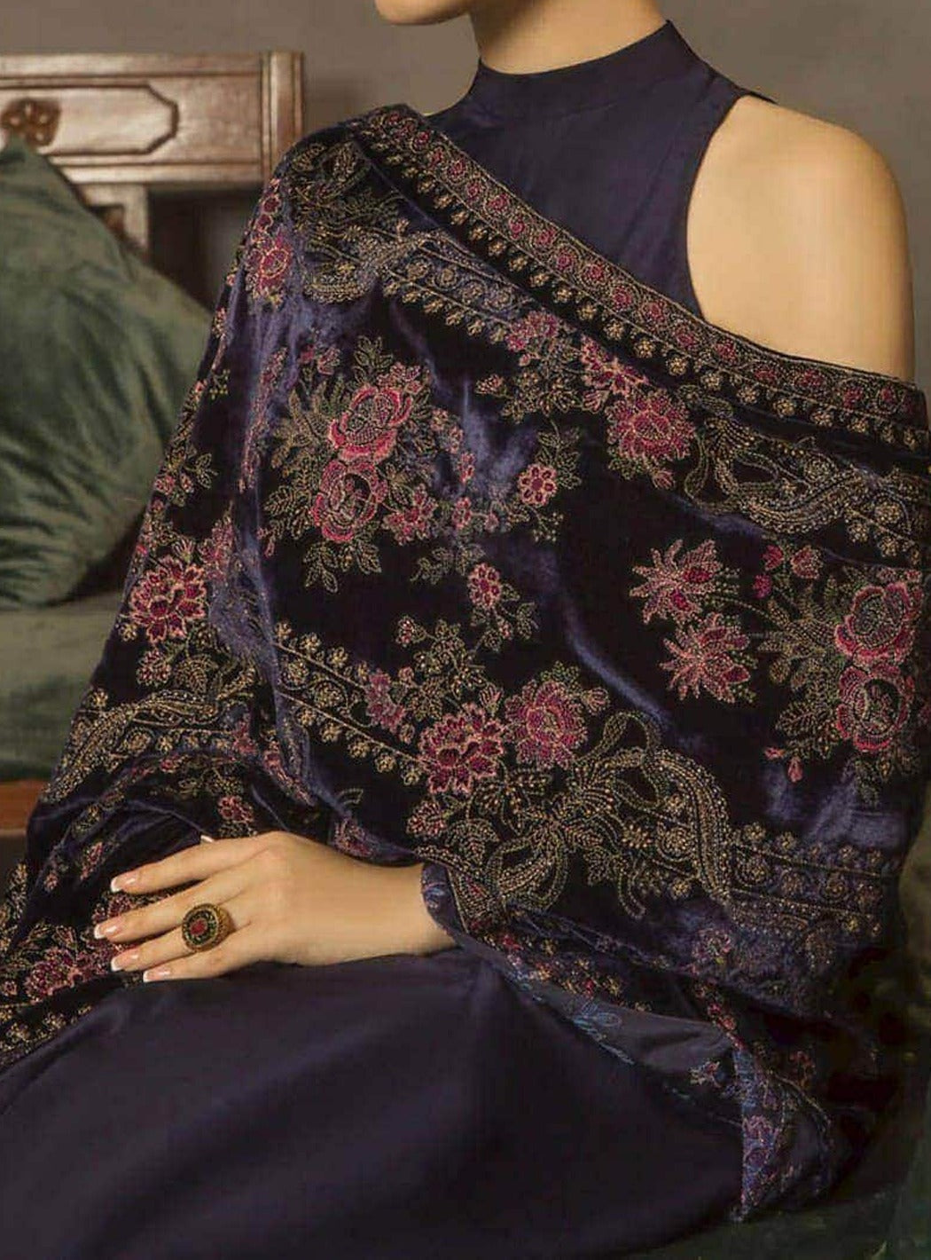 Sarinnah Premium 11 navy blue-Embroided Fine quality Velvet shawl.