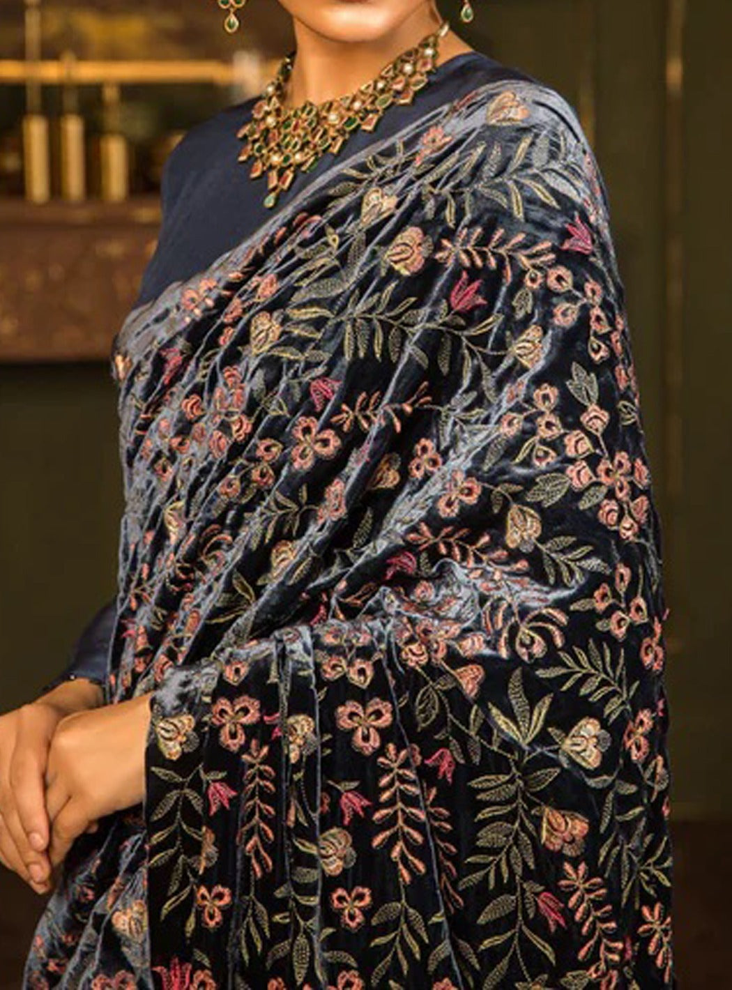 Kimono Range-Embroidered fine quality Velvet Blue Shawl