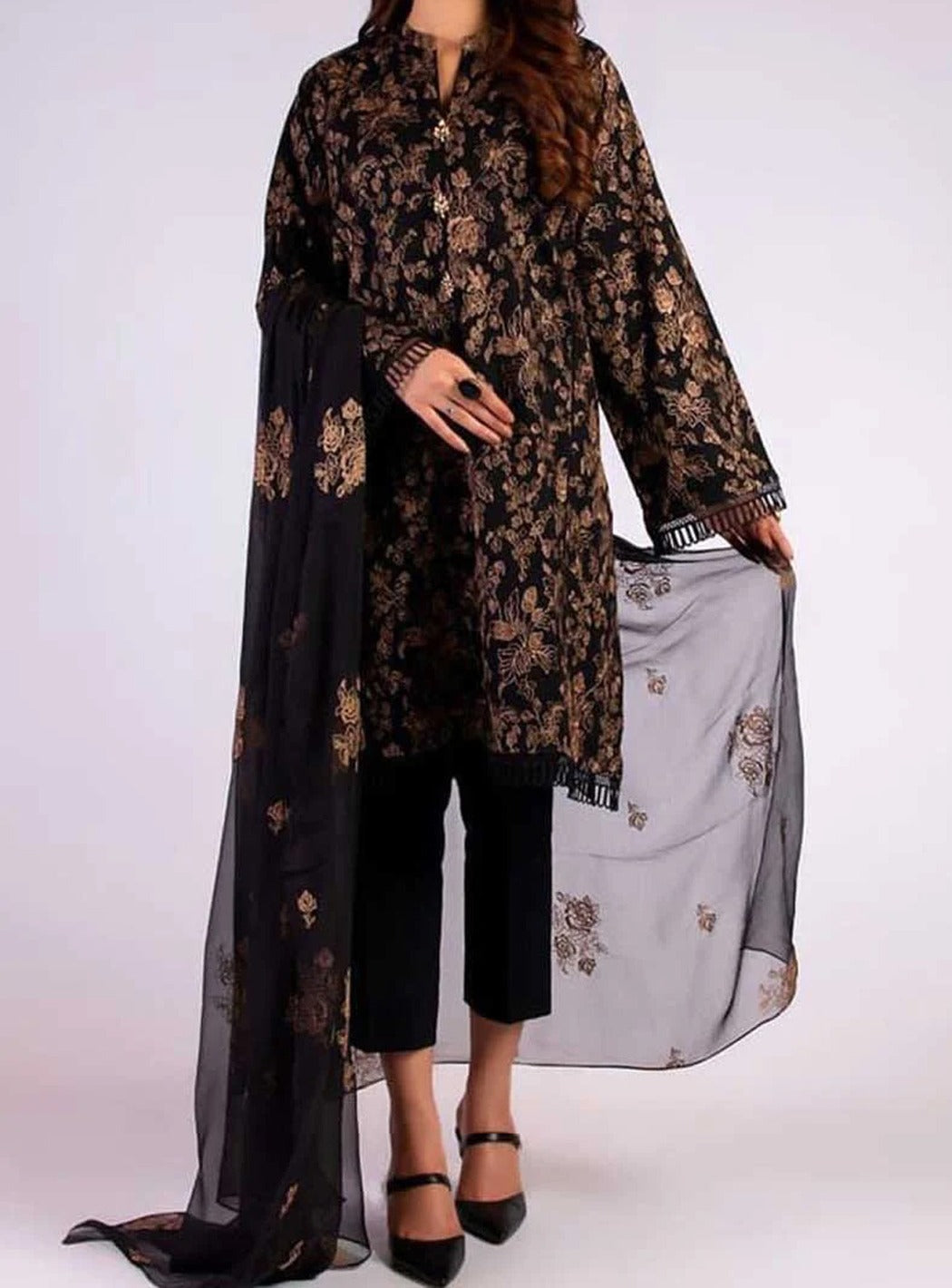 Grace W97 - Embroidered 3pc linen dress with embroidered chiffon dupatta.