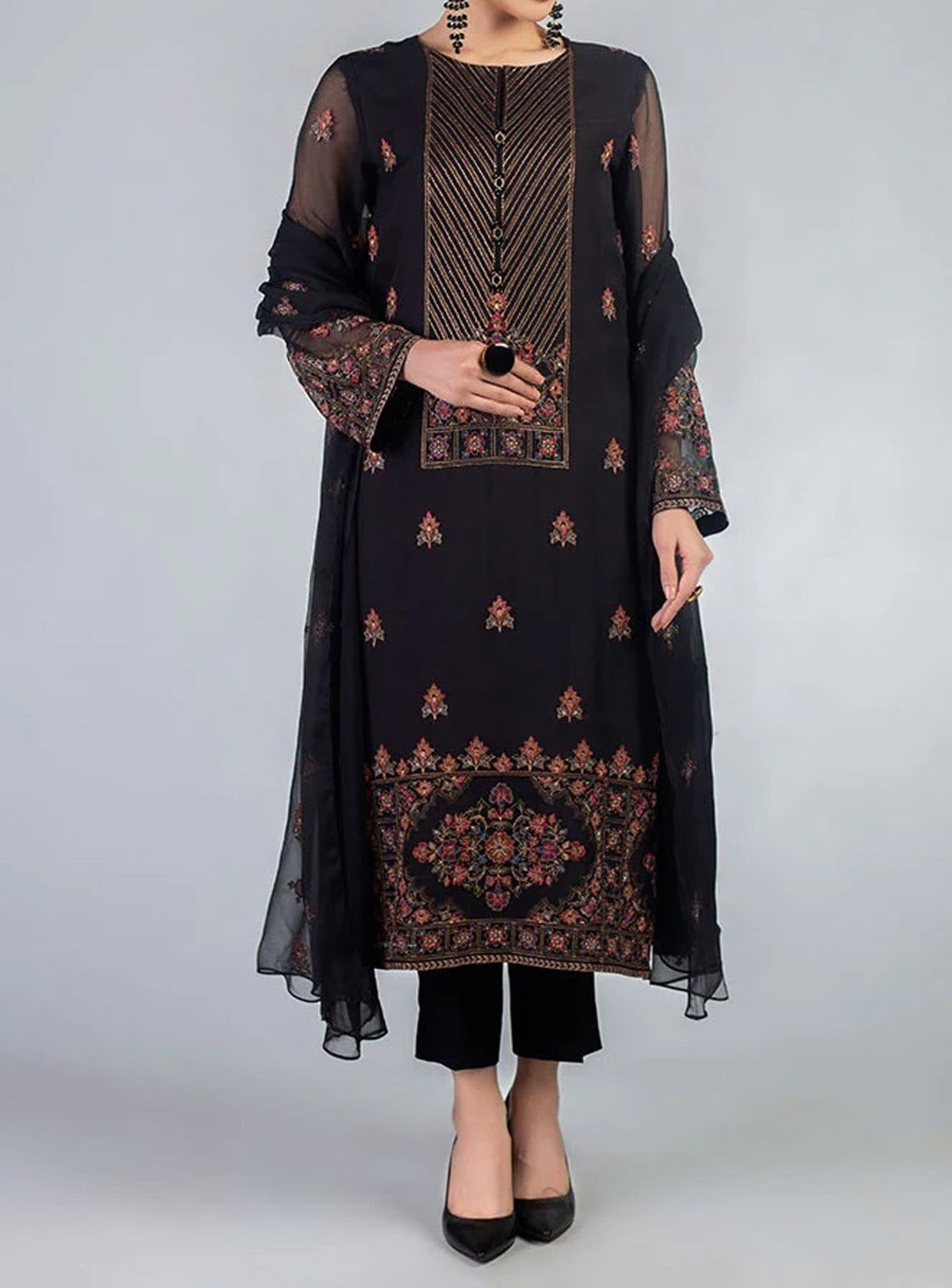 Grace W29-Embroided 3pc linen dress with embroidered chiffon dupatta.