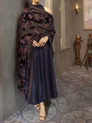Sarinnah Premium 11 navy blue-Embroided Fine quality Velvet shawl.