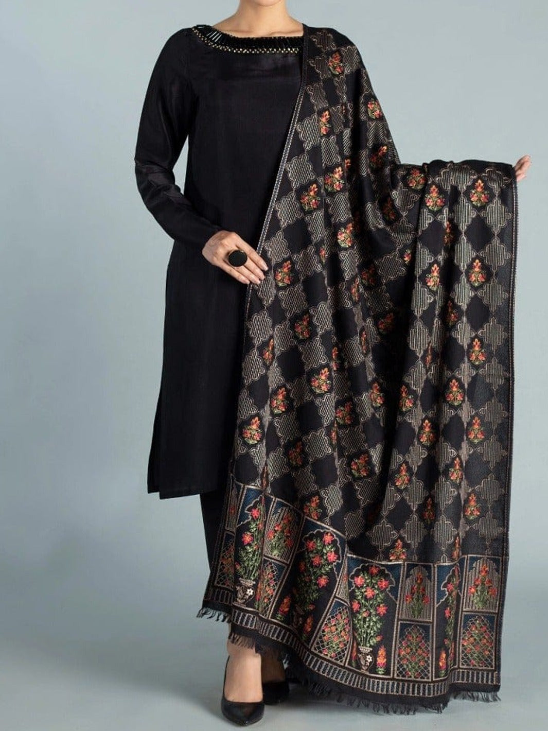 Sarinnah Premium D55-Luxury Formal Heavy Embroidered Karandi Shawl.