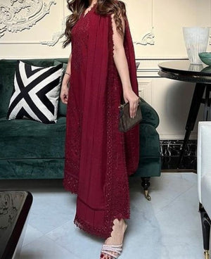 Grace W229- Embroidered 3pc linen dress with Embroidered chiffon dupatta