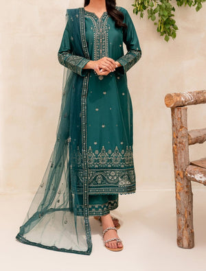 Grace W244- Embroidered 3pc linen dress with Embroidered Organza dupatta