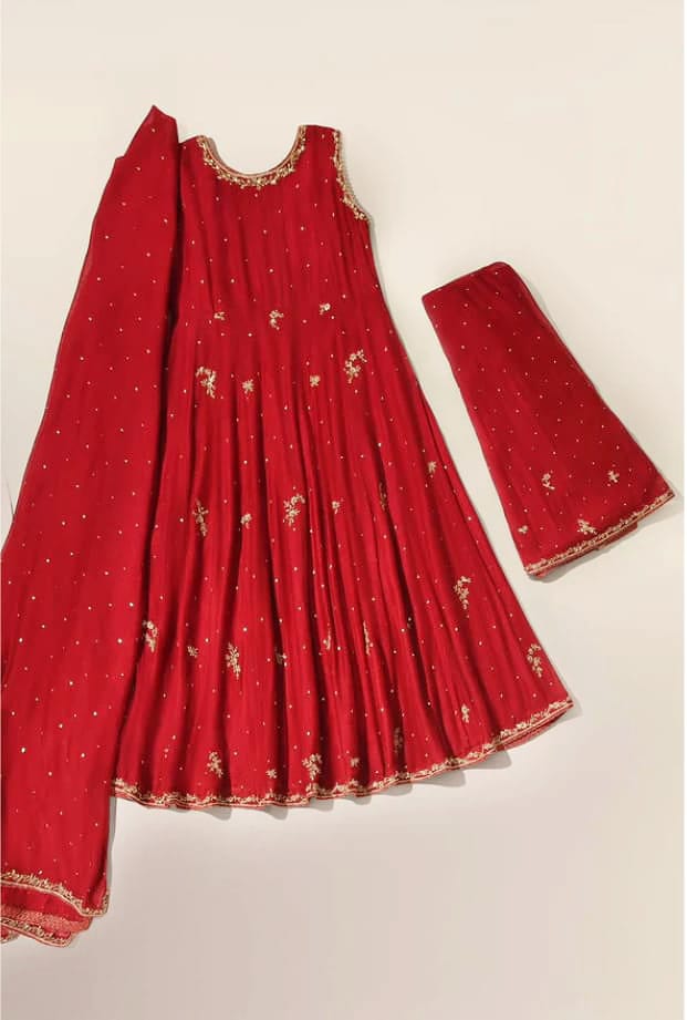 Grace W273- Embroidered 3pc Kataan Silk dress With Embroidered chiffon dupatta.