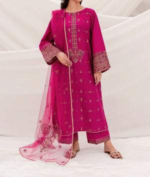 Grace W279- Embroidered 3pc linen dress with Embroidered chiffon dupatta.