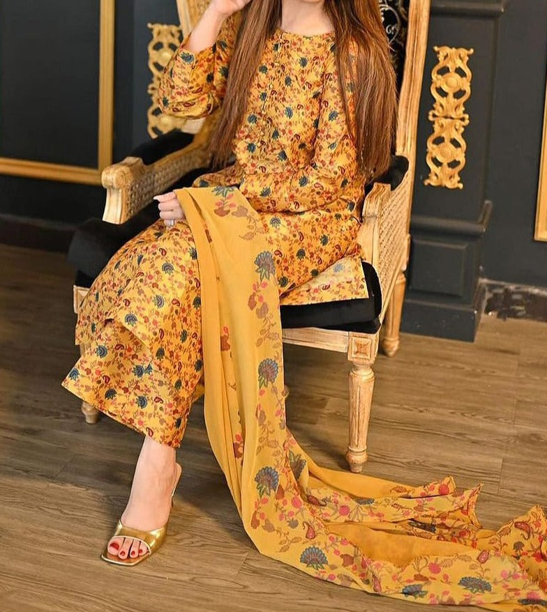 Grace W324-Printed 3pc Kataan Silk dress With Printed chiffon dupatta.