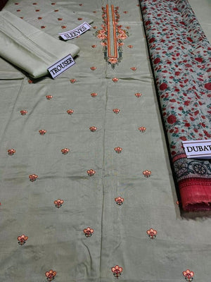 Grace W347- Embroidered 3pc Linen dress with Printed  dupatta.