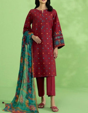 Grace W348- Embroidered 3pc Linen dress with Printed dupatta.