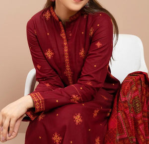 Grace W378-Embroidered 3pc Marina dress with Printed wool shawl.