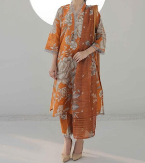 Grace W406-Printed 3pc karandi dress with Printed karandi net dupatta.