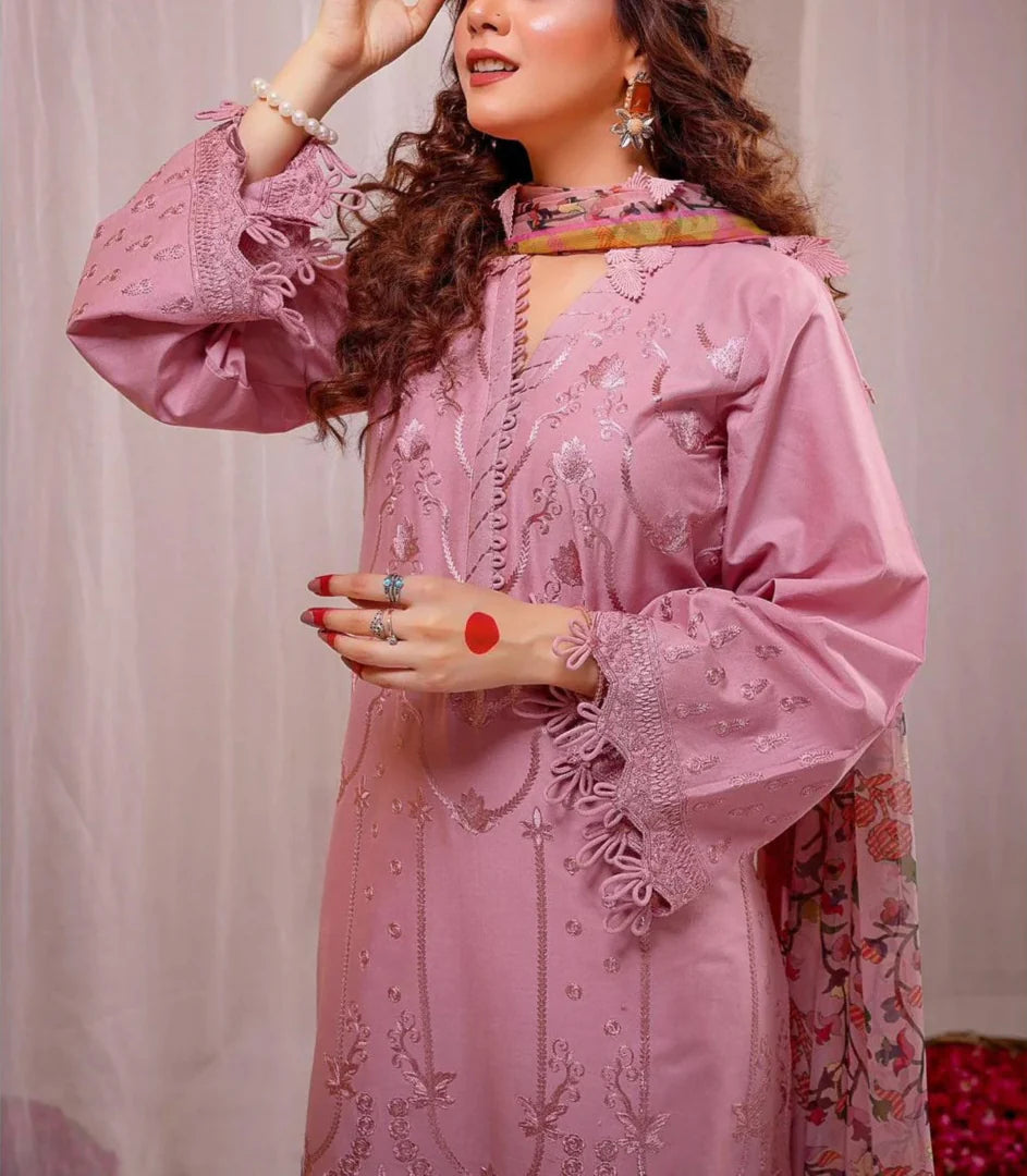 Grace Z-(S925)- Stitched Embroidered 3PC Lawn Dress With Printed Munar Dupatta.