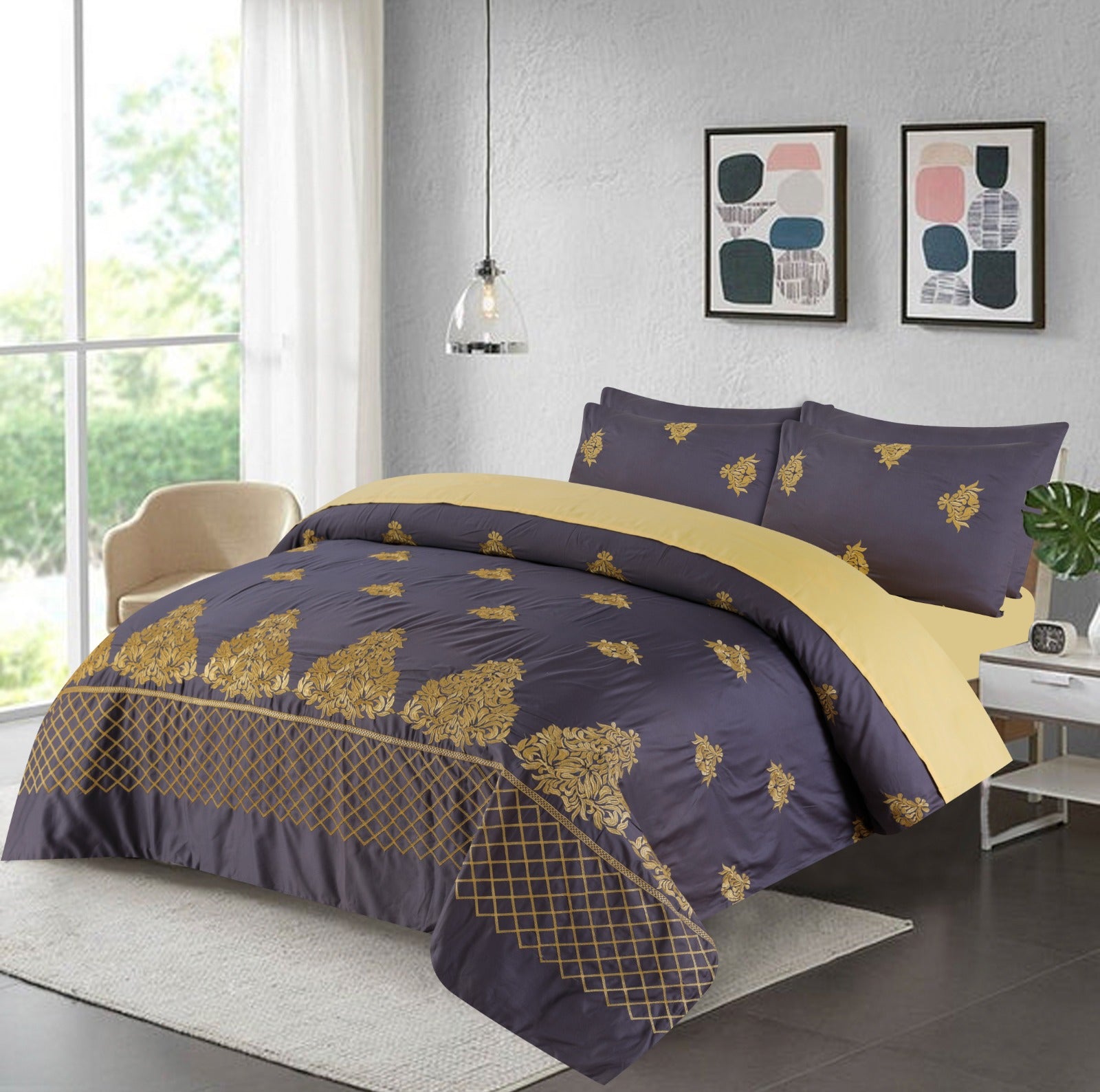 FL002-Embroidered Duvet Cover Set (Luxury Sateen) -6PC