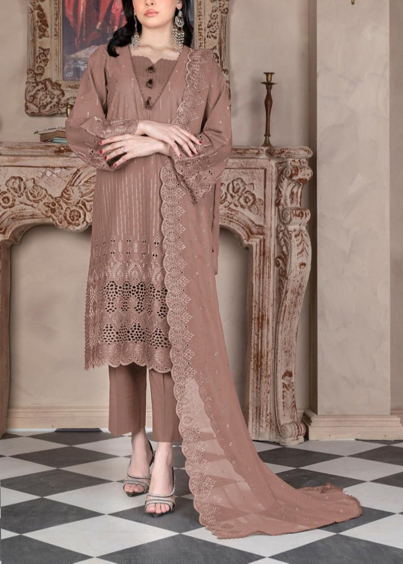 Grace S1071-Embroidered 3PC CHIKANKARI Lawn Dress With Embroidered Chiffon Dupatta.