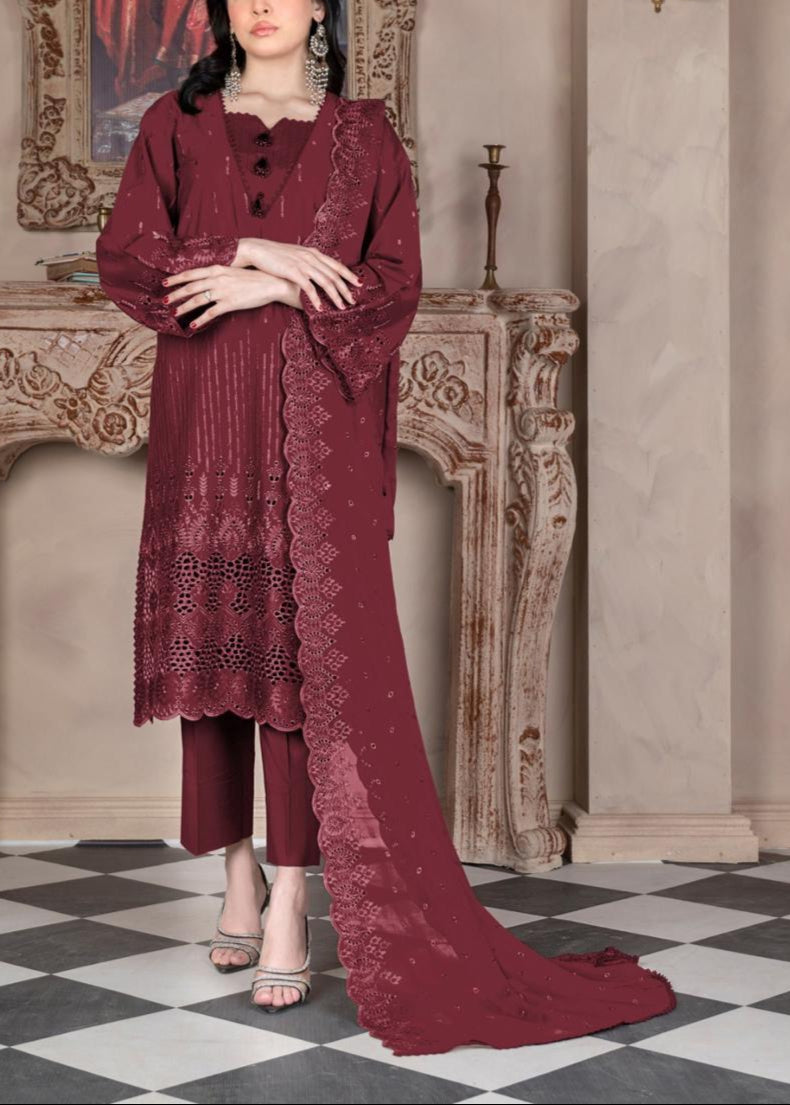 Grace S1072-Embroidered 3PC CHIKANKARI Lawn Dress With Embroidered Chiffon Dupatta.