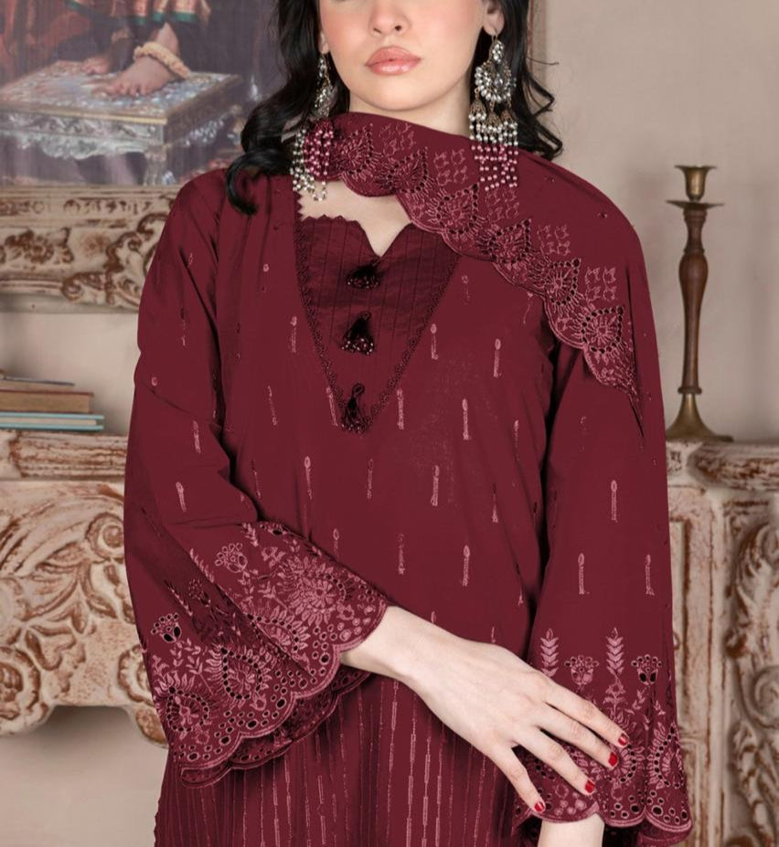 Grace S1072-Embroidered 3PC CHIKANKARI Lawn Dress With Embroidered Chiffon Dupatta.