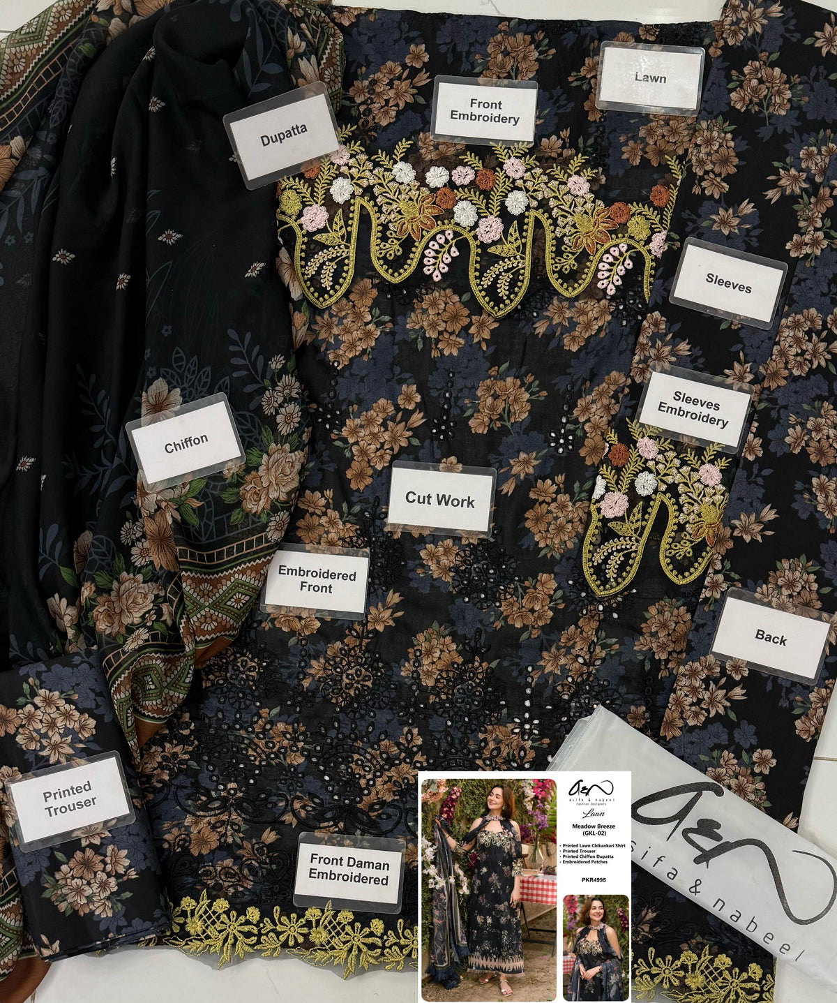 Grace S1135-Printed & Embroidered 3pc Lawn dress with Printed Chiffon Dupatta.