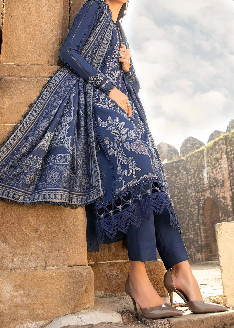 Grace Z-(W768) - Stitched Embroidered 3pc Marina Dress With Printed Shawl.