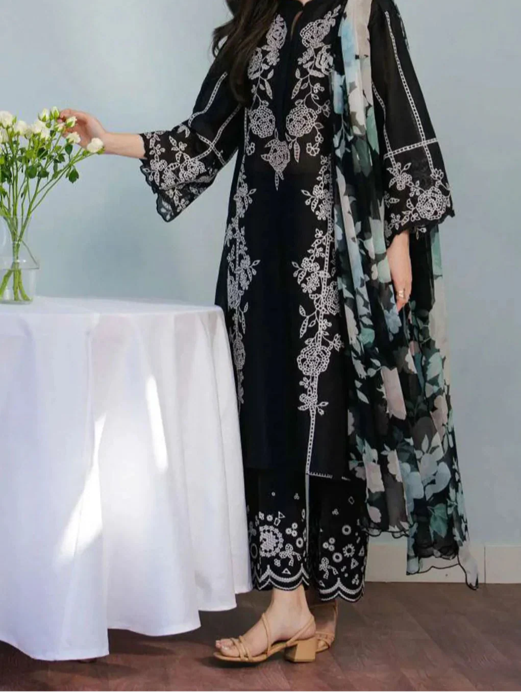 Grace Z-(W740) - Stitched Embroidered 3pc Marina Dress With Printed Shawl.