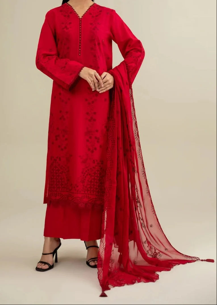 Grace Z-(W852) - Stitched Embroidered 3pc Chikankari Marina Dress With Embroidered Chiffon Dupatta.