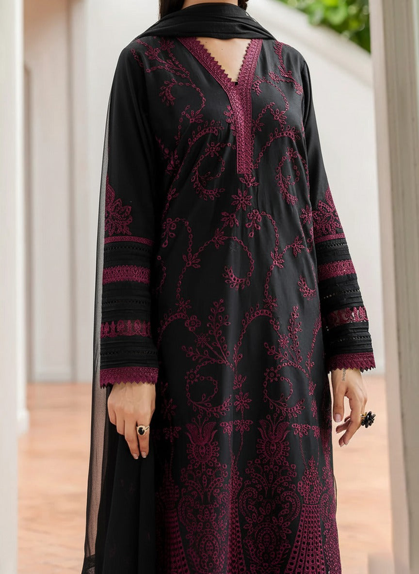 Grace Z-(W850) - Stitched Embroidered 3pc Marina Dress With Embroidered Chiffon Dupatta.