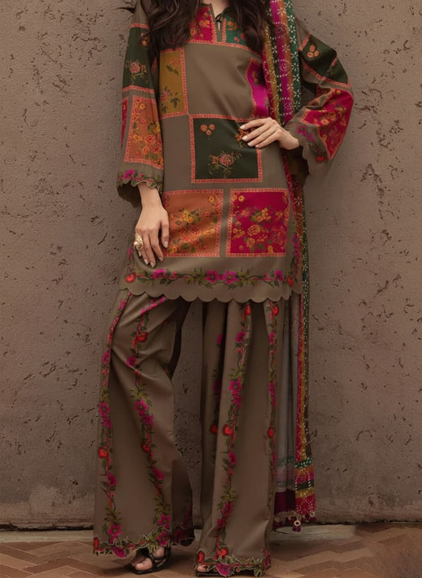 Grace W872 - Digital Printed 3pc Karandi Dress With Digital Printed Karandi Shawl.